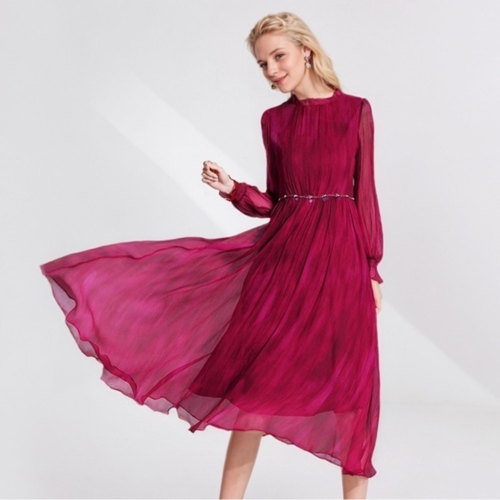 Red 100% Silk Dress Flared Sleeves For Wedding Guest Size L Burgundy Sk1